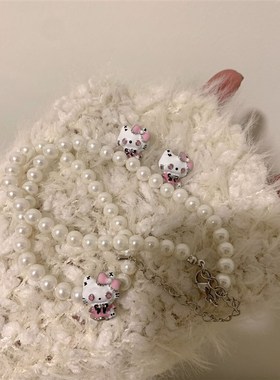 韩国手工珍珠涂鸦亚克力粉色爱心字母that项链猫咪可爱耳钉