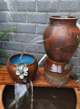古法鱼缸庭院生态缸瀑布流水陶罐循环流水造景冲氧过滤摆件包邮