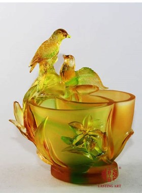 六合春琉璃摆件喜鹊白头偕老合欢杯时尚创意家居饰品结婚礼品礼物