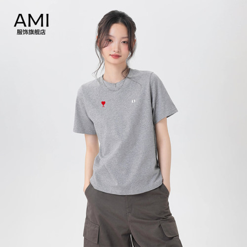 AMI2026美式灰色正肩短袖T恤女夏季2026新款宽松显瘦棉半袖上衣 - 图0