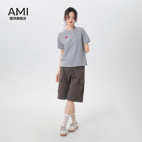 AMI2026美式灰色正肩短袖T恤女夏季2026新款宽松显瘦棉半袖上衣 - 图3