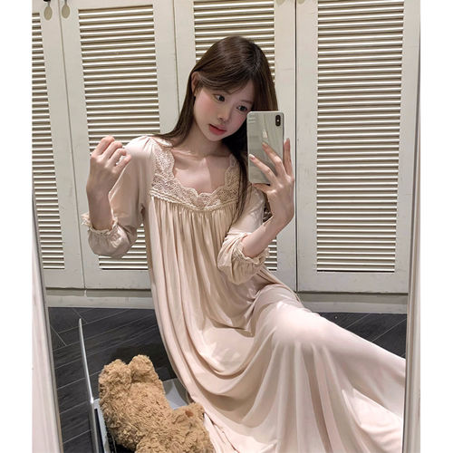 2026新款法式宫廷蕾丝莫代尔棉睡衣女春秋季高级感长款睡裙家居服 - 图0
