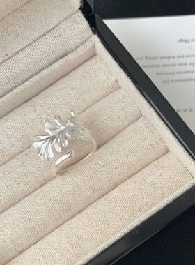 925纯银哑光叶调节戒指女复古韩国小众设计ins风红书羽毛烧白情侣