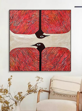抽象红色小鸟手绘油画条纹