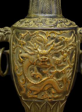 宏达 黄铜鎏金仿古铜器 家居礼品飞龙双环铜花瓶摆件
