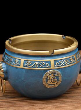 宏达 黄铜拉丝 烤色铜缸 铜虎头烟缸创意铜器摆件