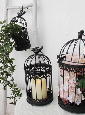 黑色婚庆摆件套三铁艺鸟s笼多肉花盆可放花盆可挂挂式烛台饰品装