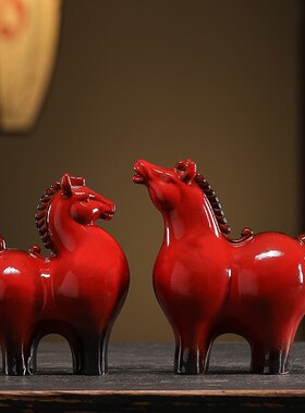 陶瓷招财唐马摆件红色小号创意马工艺H品家居客厅电视柜桌面装饰