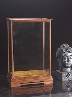 工艺品玻璃罩移门红木底座透明防尘罩佛像摆件展示柜带LED灯 定制