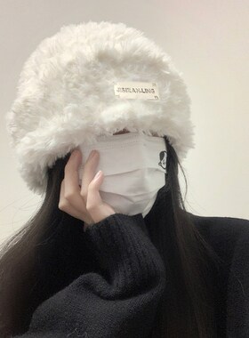 白色毛绒帽子女秋冬季显脸小保暖护耳川西L毛茸大头围针织毛线冷
