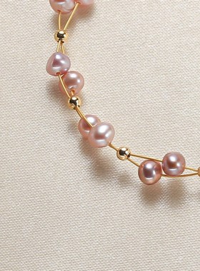 小女生淡水珍珠手链休闲软金丝编制手链潮流手饰招桃花好运手链