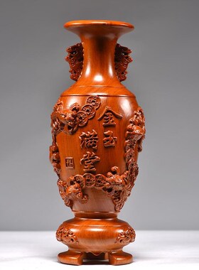 花梨木雕金玉满堂花瓶摆件家居电视柜插花装饰工艺礼品摆饰新居乔