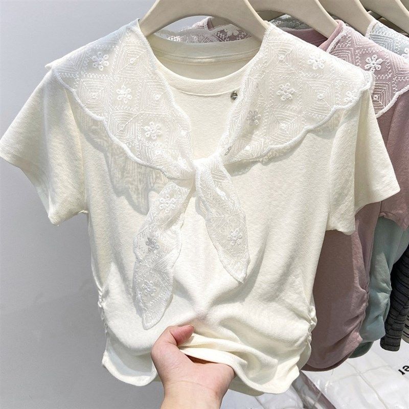 蕾丝披肩辣妈外出哺乳短袖t恤设计感褶皱收腰显瘦产后喂奶上衣夏,淘宝优惠券,粉丝福利购,淘宝优惠卷