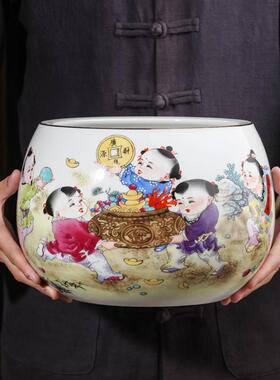 景德镇陶瓷聚宝盆装饰品中式客厅玄关招财进宝摆件家装开 业礼品
