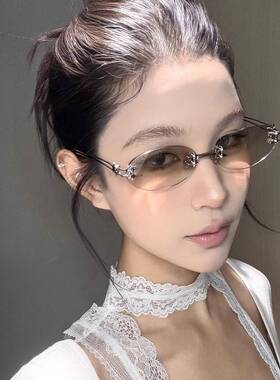 复古无框椭圆金属高级网感水银色gm墨镜Y2K亚裔欧美辣妹风太阳镜