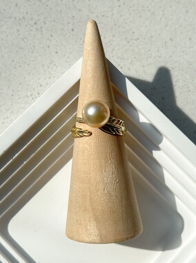 FJN Studio新年礼物重工天然淡水爱迪生金珠S925银羽毛上开口戒指