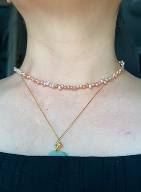 天然淡水极光粉花瓣项链女蕾丝感锁骨链S925纯银抽拉扣头链