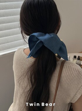 高级感牛仔蓝方形发圈 布艺精致百搭风车大肠圈皮筋马尾发绳女