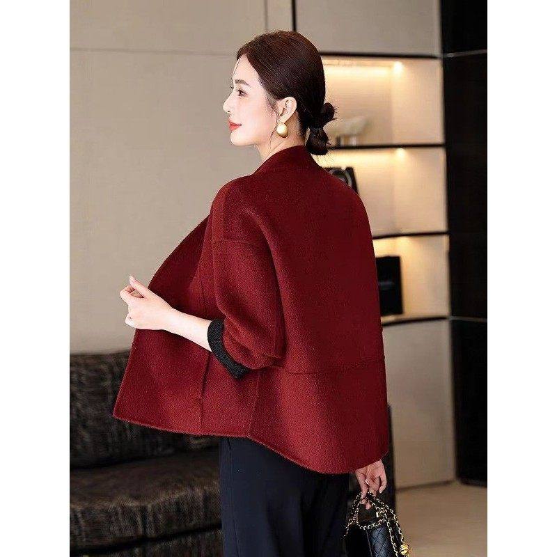 杭州新中式红色双面毛短款毛呢外套女V领高端百搭羊绒大衣外套,淘宝优惠券,粉丝福利购,淘宝优惠卷