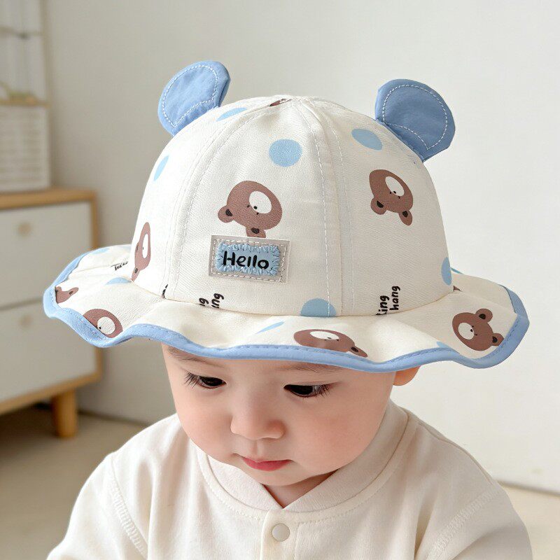 婴儿帽子小熊印花渔夫帽男女宝宝防晒防飞沫防护面罩遮阳帽