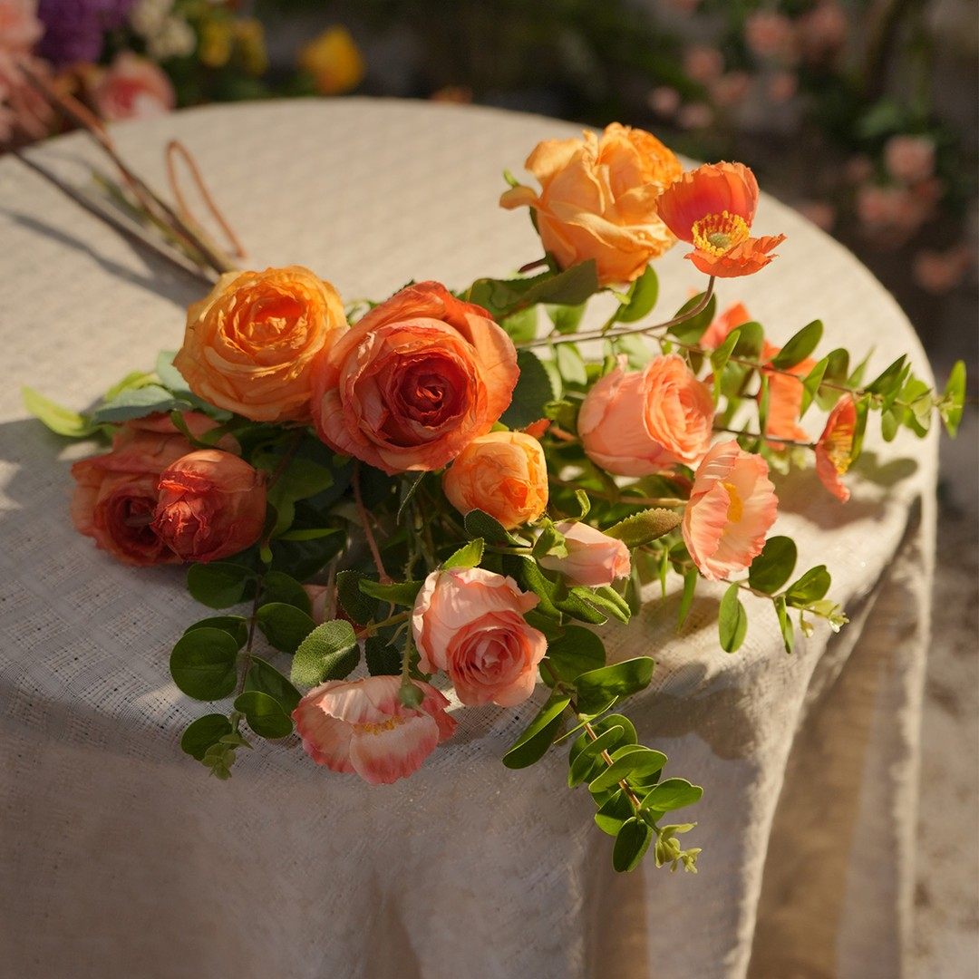 (橘子汽水）橙黄色花束焦边玫瑰花虞美人花束玄关花客厅仿真花假,淘宝优惠券,粉丝福利购,淘宝优惠卷