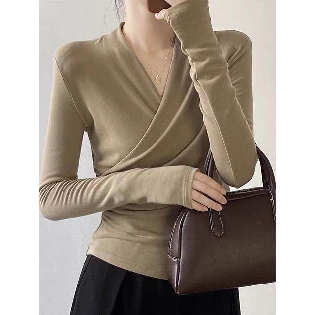 春秋冬纯欲V领打底衫长袖女内搭修身显瘦T恤交叉洋气气质上衣服,淘宝优惠券,粉丝福利购,淘宝优惠卷