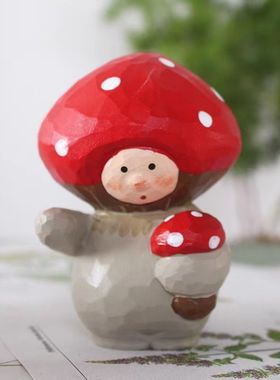 特别好看的小摆件手工木雕可爱蘑菇娃娃举气球卡通办公室桌面治愈