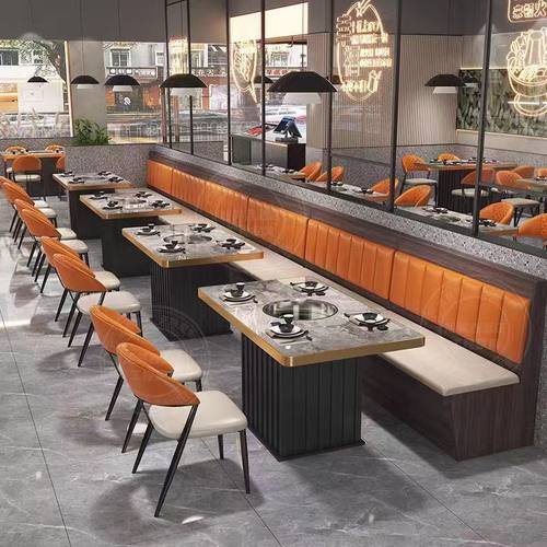 火锅桌子电磁炉一体岩板大理石实木商用烤肉无烟沙发桌椅组合卡座 - 图3