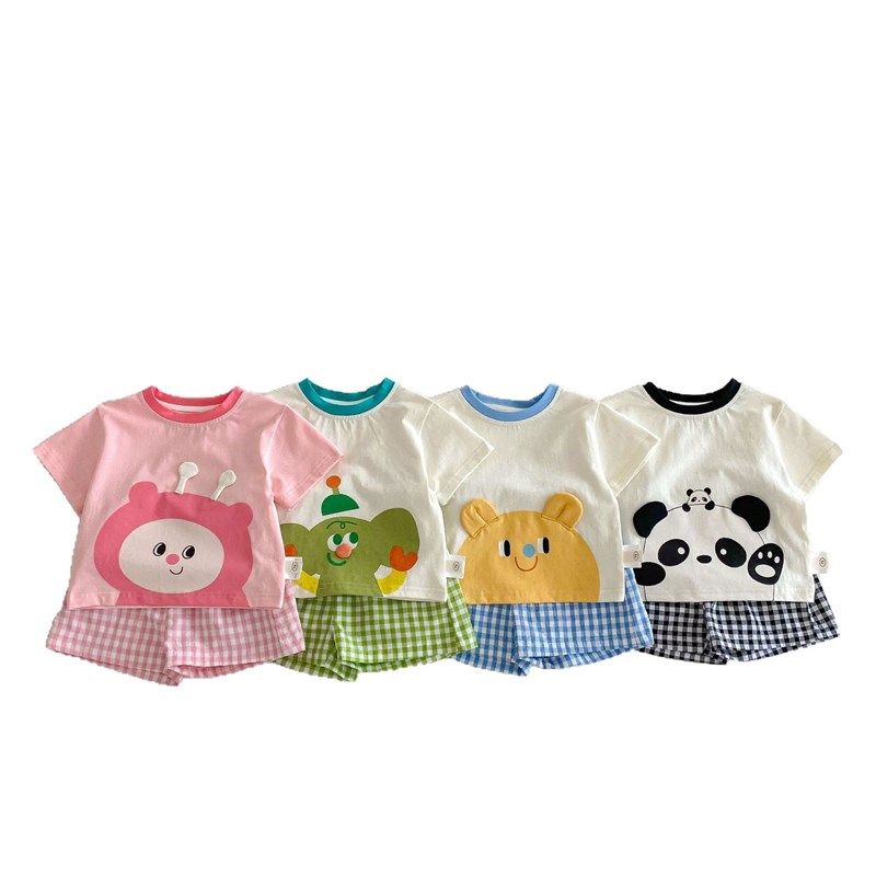 儿童纯棉套装2025新款夏季女童洋气短袖T恤薄男童格子短裤两件套,淘宝优惠券,粉丝福利购,淘宝优惠卷