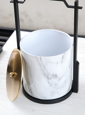 新中式创意礼品样板房软装饰品金属大理石纹圆形收纳饰盒书房摆件