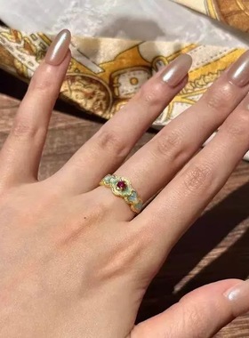 复古戒指蓝花红锆石女款新中式