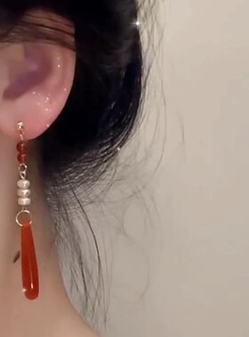 复古红色女古典珍珠气质古风耳饰