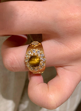 中古拉丝金色虎眼石戒指复古经典