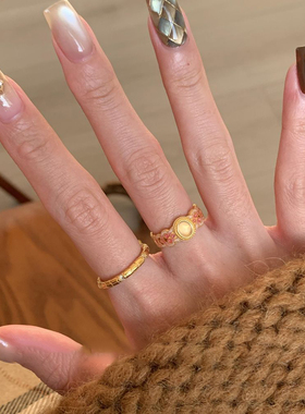 粉金珐琅古法国风戒指轻奢指环女