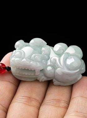 天然缅甸翡翠糯种浅绿色霸王貔貅吊坠玉石皮丘挂件