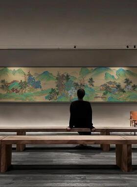 新中式公室大型会议室长条横幅青绿山水装饰画酒店会所茶室挂画