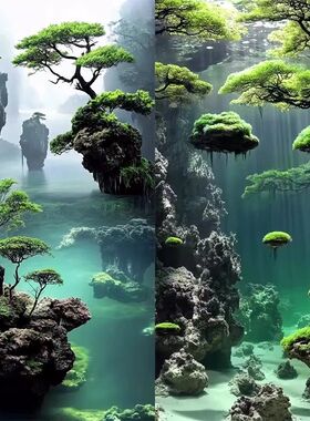 中国风意境岩石缸造景高级鱼缸背景贴纸图5d立体高清图立体画正胶