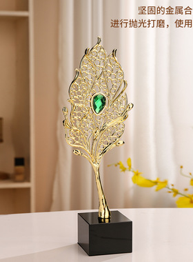 跨境轻奢孔雀羽毛合金摆件创意家居客厅装饰造型高级感工艺品