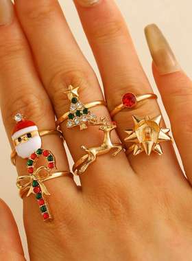 圣诞节饰品 可爱卡通麋鹿圣诞树戒指6件套滴油开口可调节指环手饰