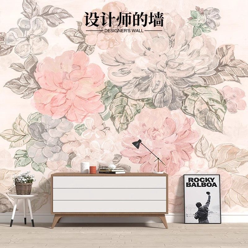 美式手绘牡丹花朵壁纸网红客厅卧室电视背景墙壁布壁画无缝8D墙布,淘宝优惠券,粉丝福利购,淘宝优惠卷