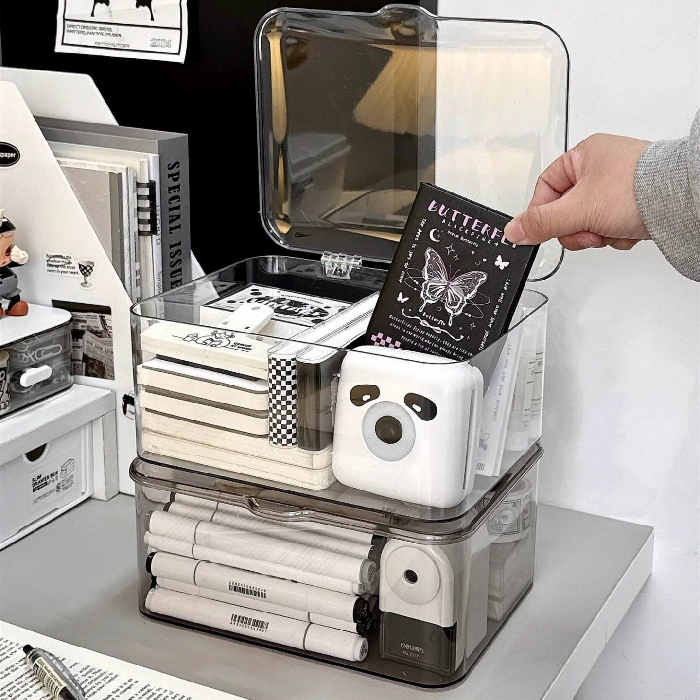 高透亚克力桌面收纳盒翻盖式防尘整理盒卧室宿舍办公室带盖收纳筐,淘宝优惠券,粉丝福利购,淘宝优惠卷