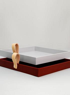 北欧托盘ins风玄关钥匙收纳方形皮革提手桌面收纳盘拍照摆件道具