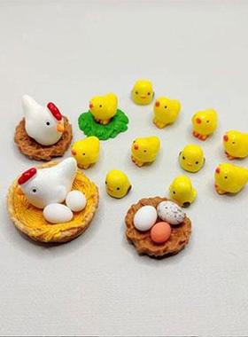 小桌鸡一家母面鸡带小崽创意小摆件 仿真迷你动物微观世03648界小