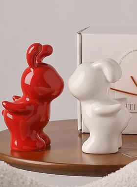 简约红色创意可爱侣兔情子瓷摆件乔陶迁结婚人节生日礼情物IN1732
