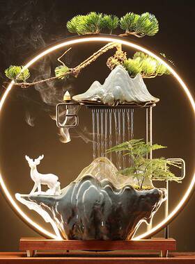 禅26722意流水喷财泉招财摆件灯圈倒流香办饰公室装玄关客厅生开