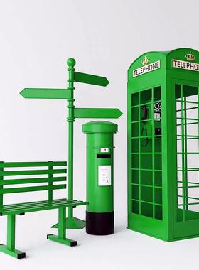 红电话亭属英伦风金子落95843地摆件邮筒路色牌套亭装组合美陈影