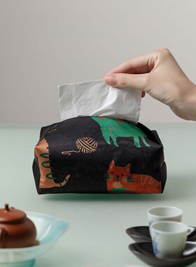 里作中式卡通小猫纸巾盒香云纱家居装饰抽纸盒高档家用纸巾收纳盒