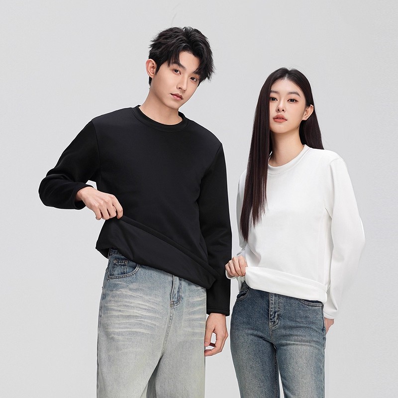 鹅绒白T长袖内搭T恤男女同款羽绒加绒圆领打底衫加绒卫衣