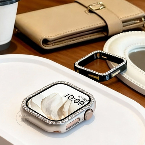 新款轻奢小众高级感适用苹果手表保护壳s11高颜值硬壳series10半包防摔se3镶钻保护套s9简约s8防摔PC超闪百搭 - 图0