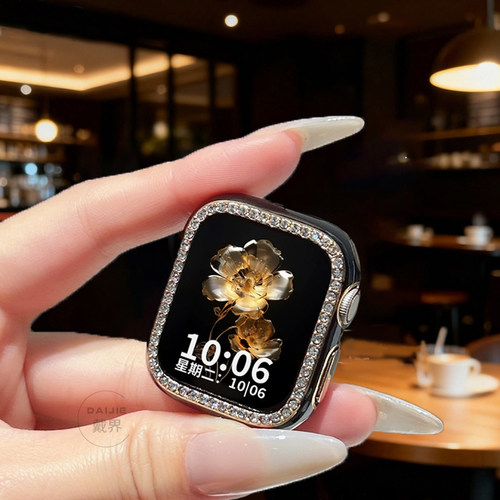 新款轻奢小众高级感适用苹果手表保护壳s11高颜值硬壳series10半包防摔se3镶钻保护套s9简约s8防摔PC超闪百搭 - 图1